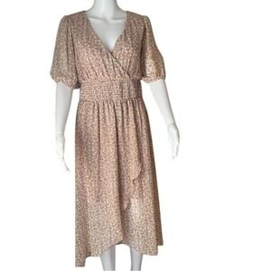 ⭐️SO Faux Wrap Smocked Waist Balloon Elastic Sleeves Ditzy Floral Pink Dress L